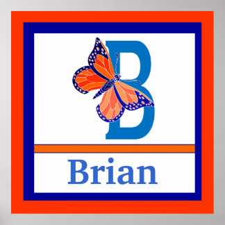 Pôster B é para Borboleta e Boy Name Wall Art para Crianç
