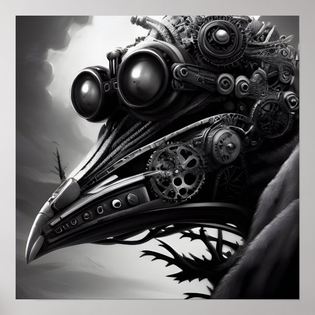 Poster B&W Robot Raven Steampunk (Frente)