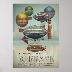 Poster Babbage por viagens vintage de Steampunk do
