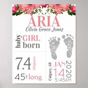 Poster Baby Birth Stat Sinal de Rosa Pegada Floral