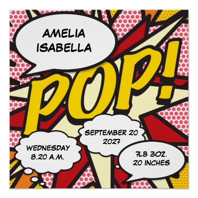 Pôster Baby Birth Stats Comic Book, Pop Art Keepsasak (Frente)