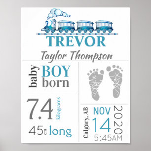 Poster Baby Birth Stats Sign with Blue Train  & Footprint