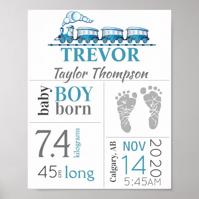 Poster Baby Birth Stats Sign with Blue Train  & Footprint (Frente)