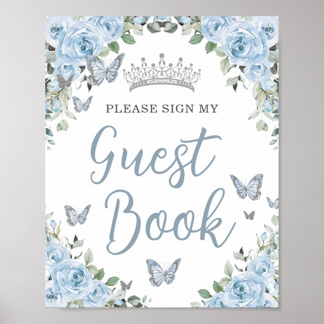 Poster Baby Blue Floral Butterfly Quinceañera Guest Book (Frente)
