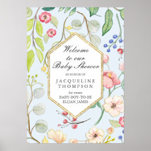 Poster Baby Boy Chá Bem-vindo Floral Dusty Hexagon