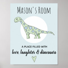 Pôster Baby Boy Doodle Green Dinossaur and Name Nursery