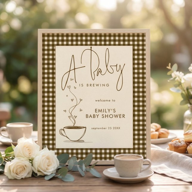 Poster Baby Brewing Coffee Gingham Welcome Baby Shower  (Criador carregado)