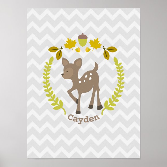 Pôster Baby Deer Cinza Chevron Nursery Trabalho de arte - (Frente)