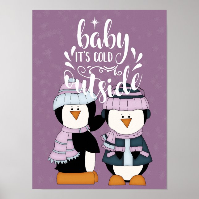 Poster Baby É Frio Lá Fora Pinguins Roxos e Azuis (Frente)