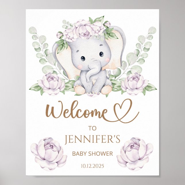 Poster Baby Elephant & Flower Chá de fraldas Welcome (Frente)