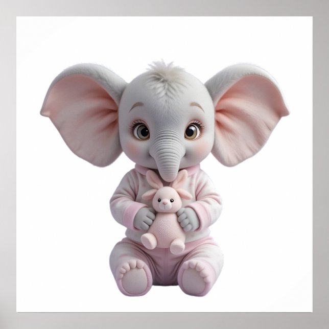 Poster Baby Elephant Holding Toy – Cute Nursery (Frente)