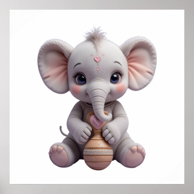 Poster Baby Elephant Holding Toy – Cute Nursery (Frente)