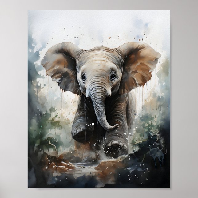 Poster Baby Elephant Running Impressionante Animal Selvag (Frente)