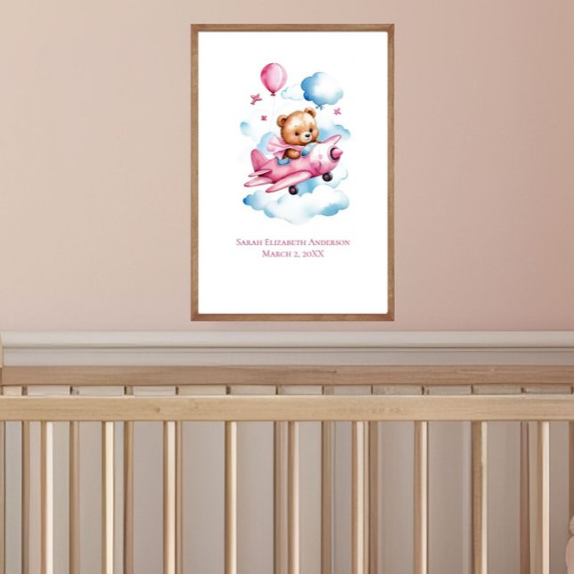 Poster Baby Girl Bear Voando Avião Nursery Wall Art (Baby Girl Bear Flying Airplane Nursery Wall Art, Personalize it with name, birth stats)