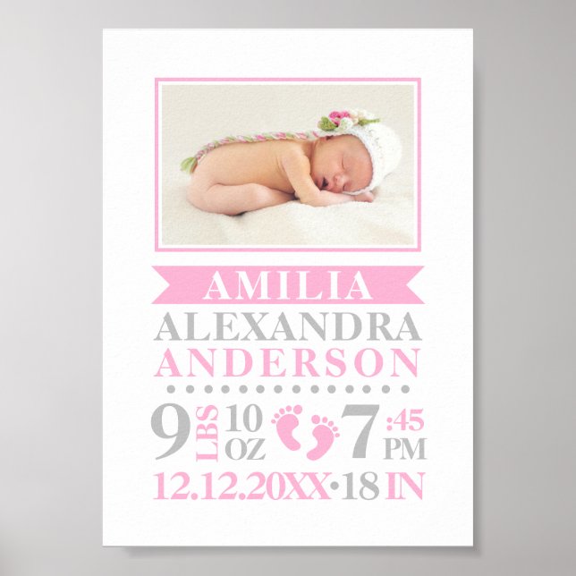 Poster Baby Girl Birth Stats Record Keepsasasakursery (Frente)