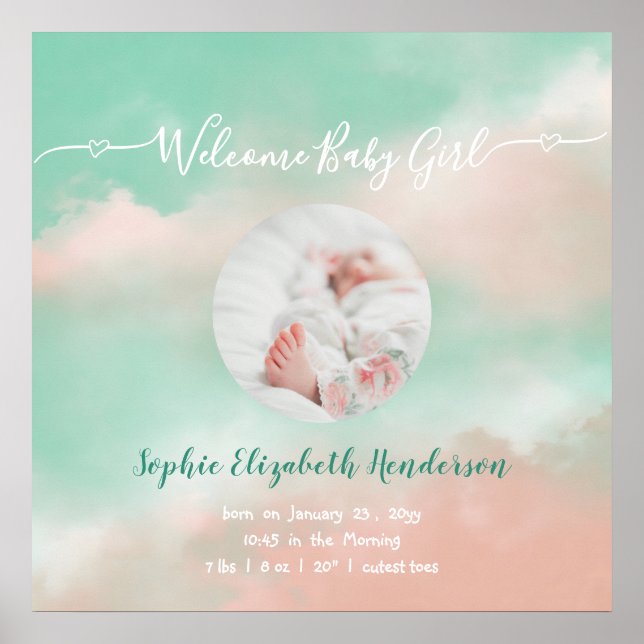 Poster Baby Girl Name Script Birds Stats Newborn Foto (Frente)