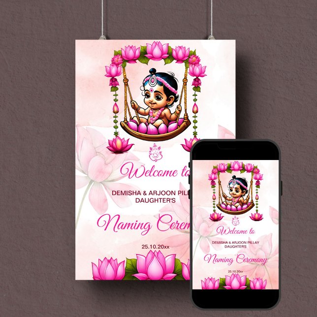 Poster Baby Girl Naming Namkaran Cradle sinal de boas-vin (Baby girl naming cradle namkaran ceremony template welcome sign poster digital download pink lotus)