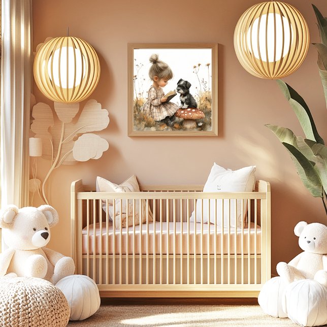 Poster Baby Girl Reading black White Puppy Red Mushroom  (Criador carregado)