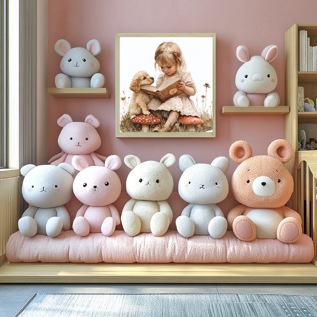 Poster Baby Girl Reading Tan Puppy Red Mushroom  (Criador carregado)