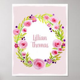Poster Baby Girl Watercolor Flower Wreath & Name Nursery