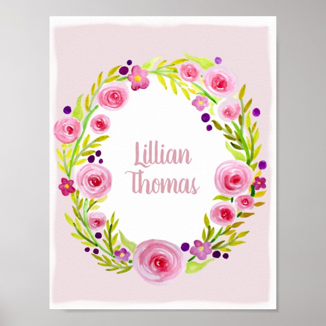 Poster Baby Girl Watercolor Flower Wreath & Name Nursery (Frente)
