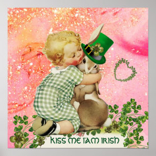 Poster BABY HUGING RABBIT Rua.Dia de Patrick,Floral Rosa