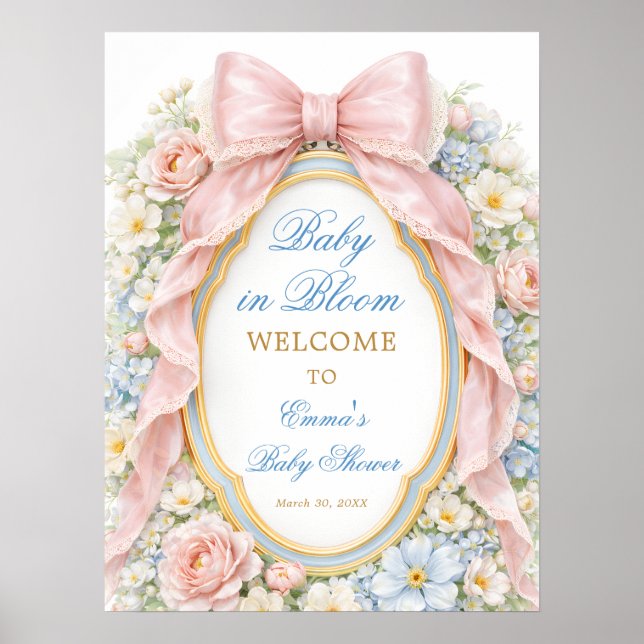 Poster Baby in Bloom Floral Pink Bow Baby Shower Welcome (Frente)