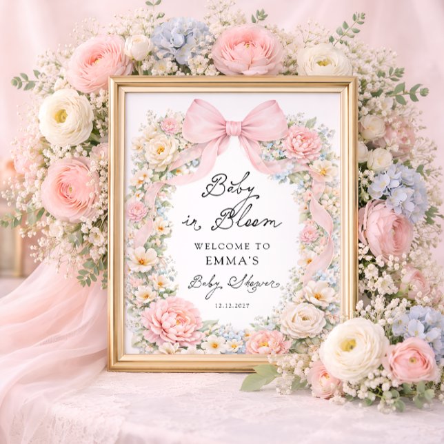 Poster Baby in Bloom Pink Bow Floral Baby Shower Welcome (Criador carregado)