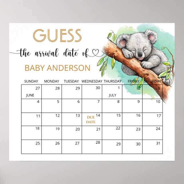 Poster Baby Koala Chá de fraldas Adivinha Calendário de D (Frente)