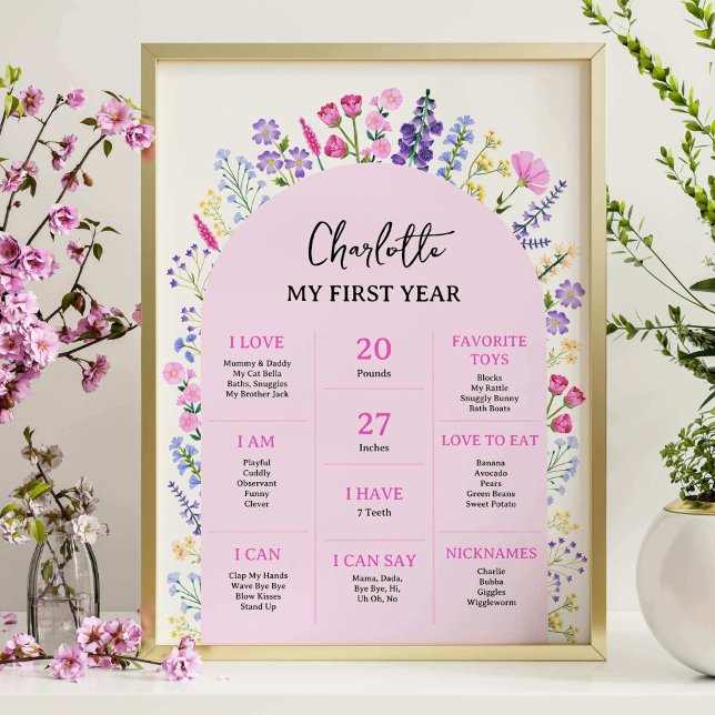 Poster Baby Milestone Conselho Flores Selvagens primeiro  (Baby Milestone Board Wildflowers Girl 1st Birthday Poster)