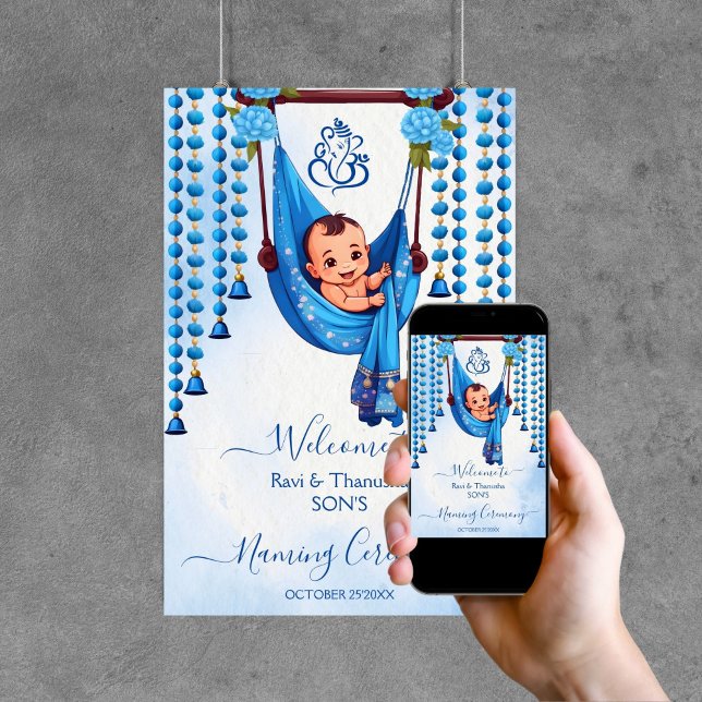 Poster Baby Naming Cradle Ceremony Blue sinal de boas-vin (Baby Naming Cradle Ceremony blue editable template welcome sign digital download Namkarana Hindu)