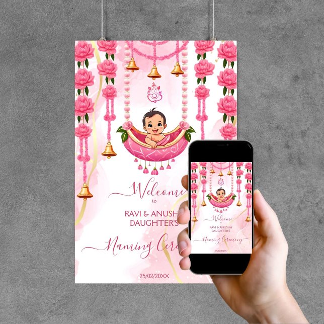 Poster Baby Naming Cradle Indian Ceremony rosa (Baby Naming Cradle Indian Namkaran Ceremony pink welcome sign editable template Poster digital downl)