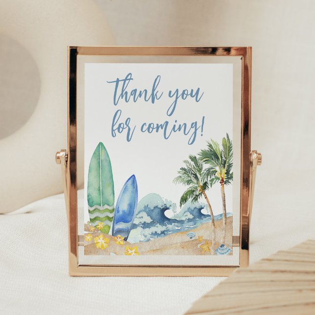 Poster Baby on Conselho Beach Obrigado por vir (Surfing Summer Boy Baby Shower Thank you for Coming Sign)