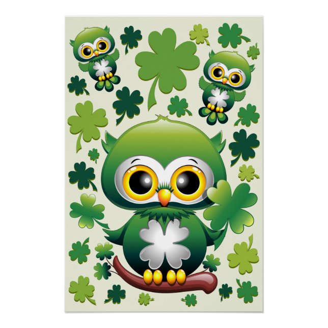Pôster Baby Owl Cute St Patrick Cartoon (Frente)