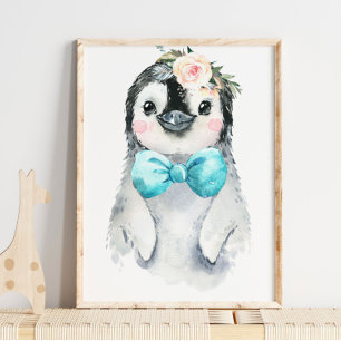 Poster Baby Penguin Floral Bow Tie Nursery Print