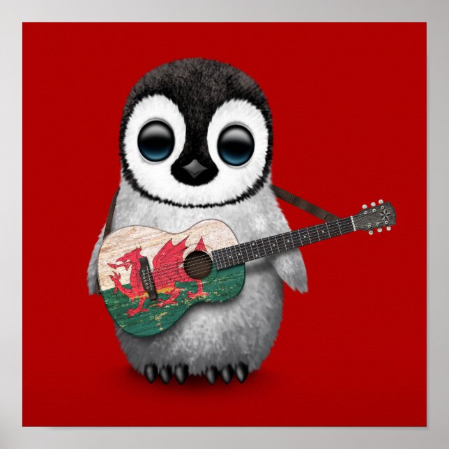 Pôster Baby Penguin Tocando Bandeira Welsh Guitar Red (Frente)