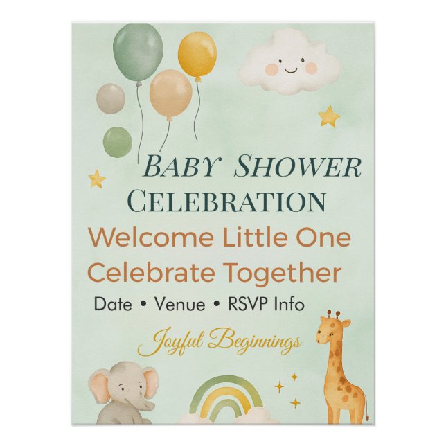 Pôster Baby Shower Invitation | Rainbow | Elephant | Cute (Frente)