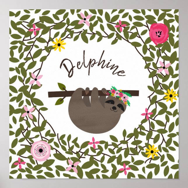 Poster Baby Sloth Floral Greenery Baby Nursery (Frente)