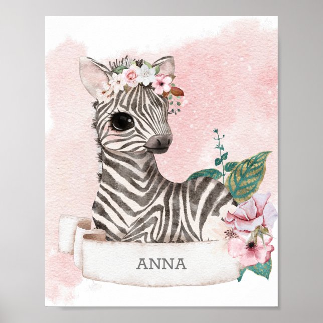 Poster ** Baby Zebra Nursery Girl Jungle Sweet Name (Frente)