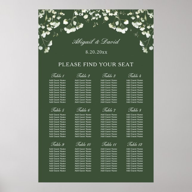 Poster Baby's Breath on Sage Green Wedding Seating Chart (Frente)