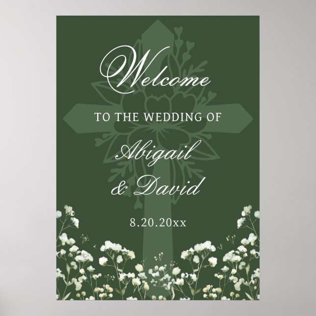 Poster Baby's Breath Sage Green Religious Wedding Welcome (Frente)