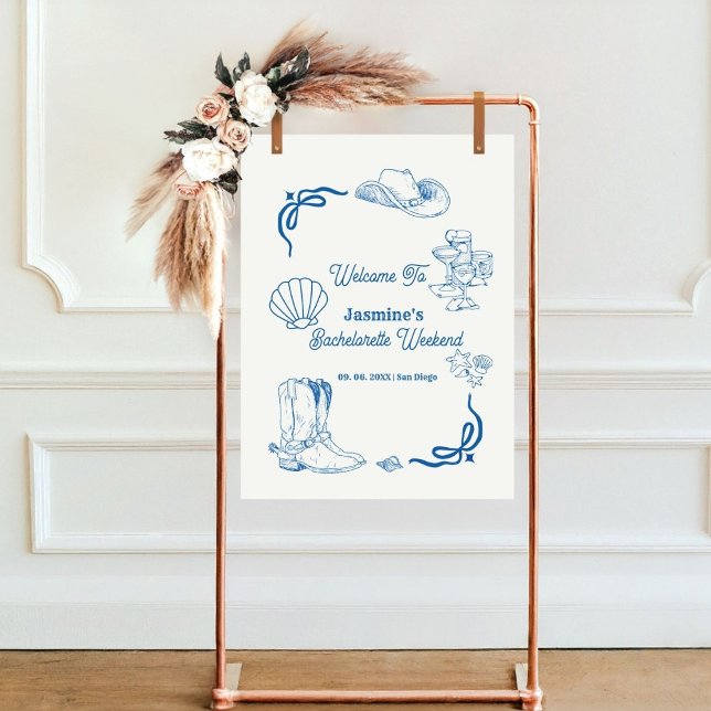 Poster Bachelorette Escrita Mão Azul Cowgirl Costeira (Criador carregado)