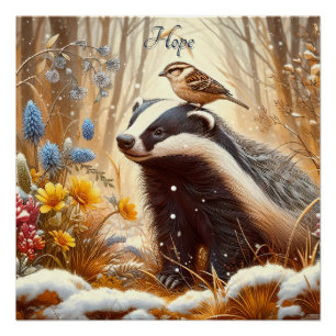 Pôster Badger e Sparrow Nature Willife Rustic