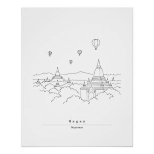 Pôster Bagan Myanmar Poster de Arte de Linha Minimalista