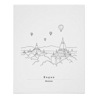 Pôster Bagan Myanmar Poster de Arte de Linha Minimalista