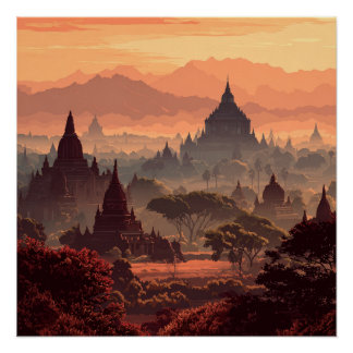 Pôster Bagan Myanmar Templos Antigos Vintage