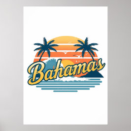 Poster Bahamas Retro Sunset Palm Trees Design