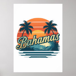 Poster Bahamas Retro Sunset Palm Trees Design