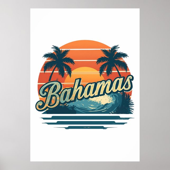 Poster Bahamas Retro Sunset Palm Trees Design (Frente)