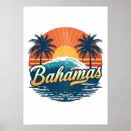Poster Bahamas Retro Sunset Palm Trees Design